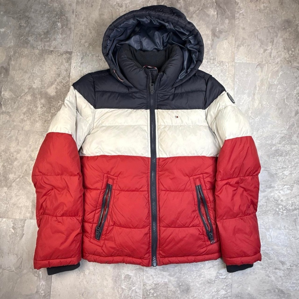 Red and Navy Tommy Hilfiger Colorblock Puffer Jacket XS
